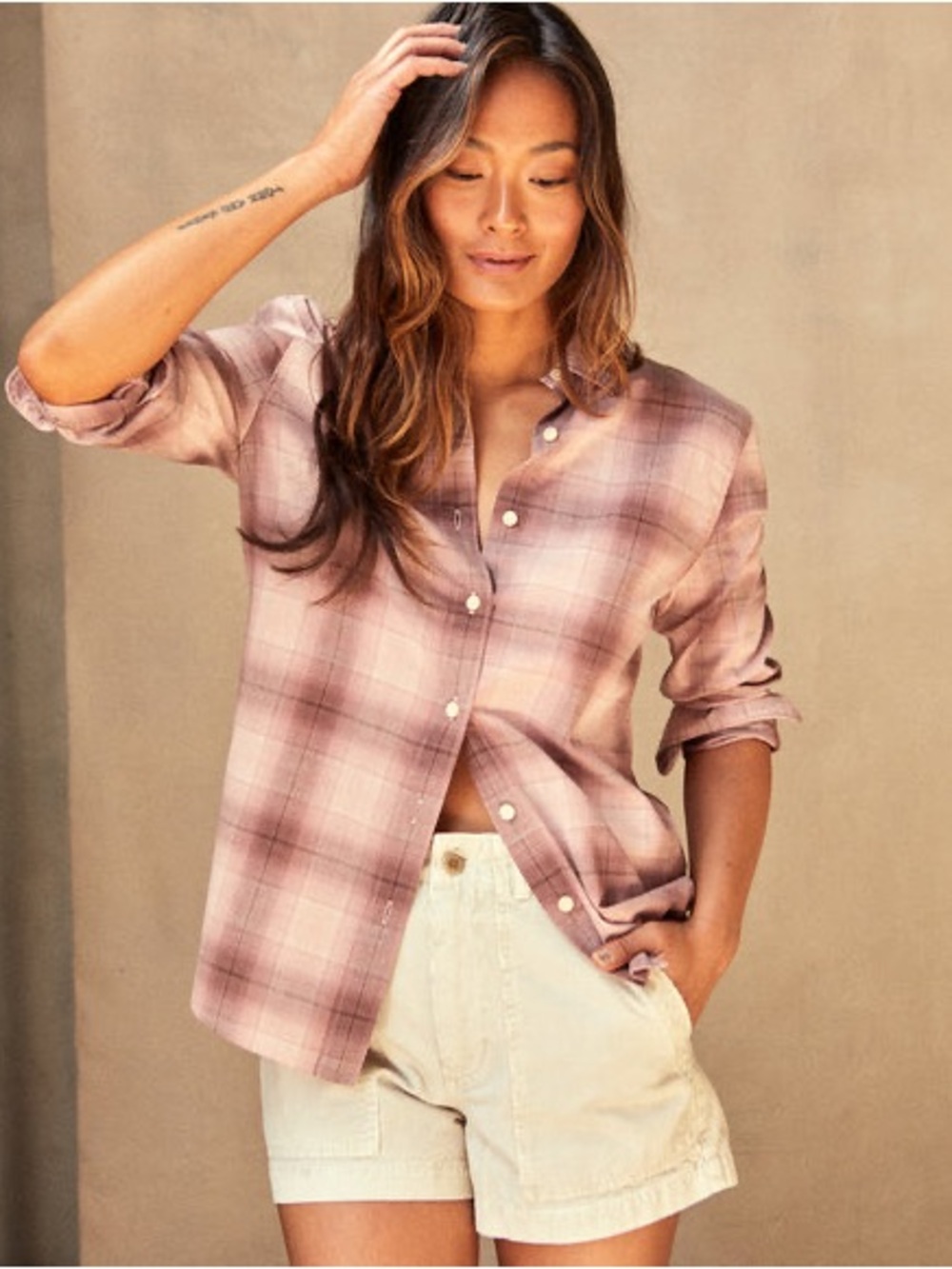 OUTERKNOWN Windrift Cotton Shirt in Pink Ombré Plaid size Large